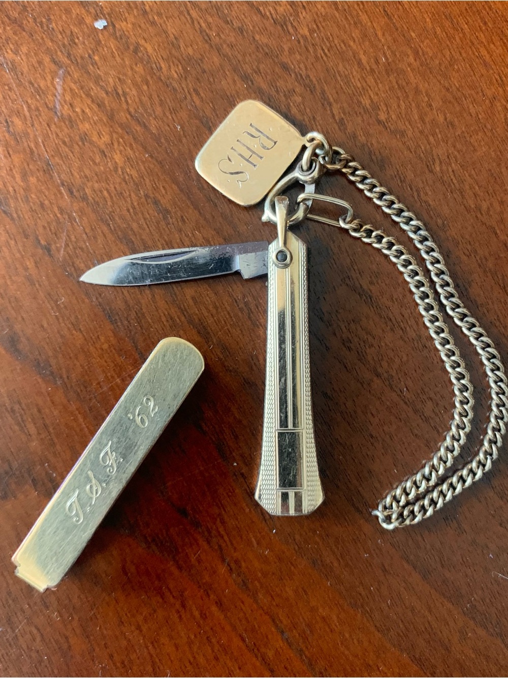 Vintage monogram gold & silver color mini pocket knife chain & tie clip bundle